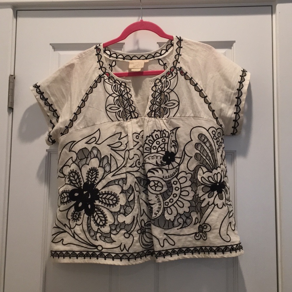Anthropologie Ivory Top with Black Floral Embroidery